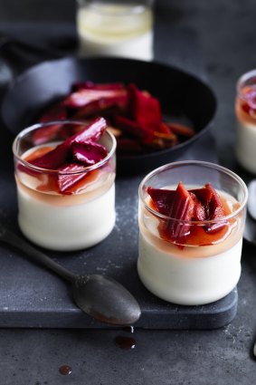Vanilla panna cotta with Champagne jelly and rhubarb.