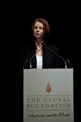 Julia Gillard addresses the Global Foundation summit at the National Gallery of Victoria.