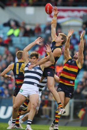 Crows on top: Adelaide’s Daniel Talia helped keep Cat Tom Hawkins quiet in the second half.