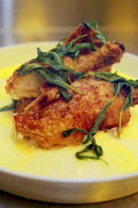 Roast farm chook with polenta and sage butter.