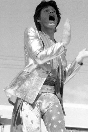 Lead singer of the Rolling Stones Mick Jagger performing at Kooyong Stadium in 1973.