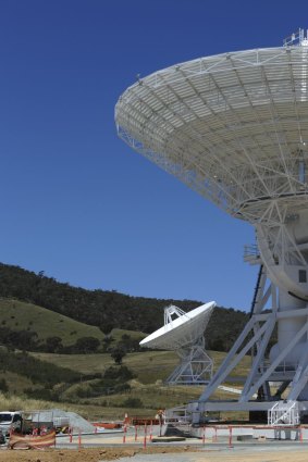 Progress on the construction of DSS 36 antenna at the Canberra Deep Space Communication Complex at Tidbinbilla. The partially constructed 34 metre beam waveguide antenna. In the background at left is the recently commissioned DSS 35 antenna.
