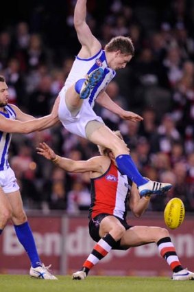 High-roller: The collision with Nick Riewoldt that cost Jack Ziebell three weeks.