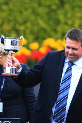 Trainer Pat Carey celebrates winning Australia’s most prestigious staying classic.