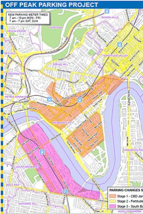 Off peak parking project, showing stage one (orange), stage two (yellow) and stage three (pink).