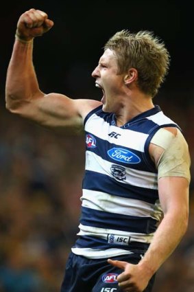 Success against Hawthorn counts for the Cats. Josh Caddy celebrates his vital goal in round 15.