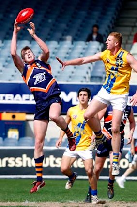 Reilly O'Brien marks for Calder Cannons ahead of Mark Orr of the Western Jets.