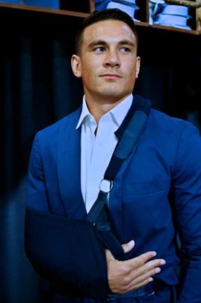 The suit in question ... Sonny Bill Williams prepares for his press conference.