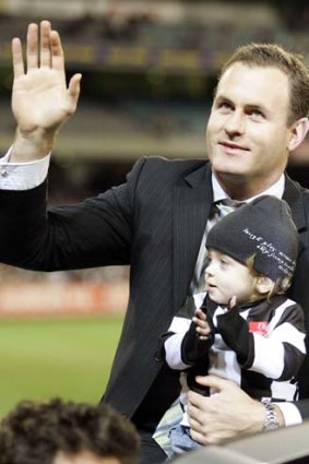 Former Collingwood defender James Clement farewells the Magpies fans in 2008.