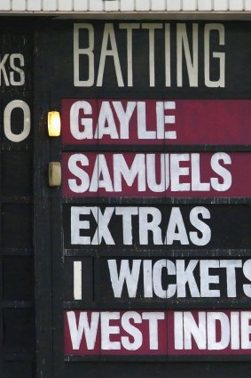The scoreboard reflects the record-setting partnership of West Indies batsmen Chris Gayle and Marlon Samuels