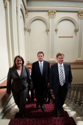 Ted Baillieu (centre) with two of his team, Mary Woolridge and deputy Peter Ryan.