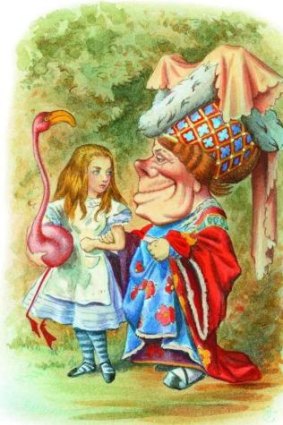 Alice encounters the Queen of Hearts, from <i>The Complete Alice</i>. Illustrations coloured by Diz Wallis,  Macmillan Publishers Limited, 1995.