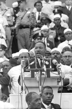 Famous words: Martin Luther King addresses marchers in Washington, DC, on August 28, 1963. 
