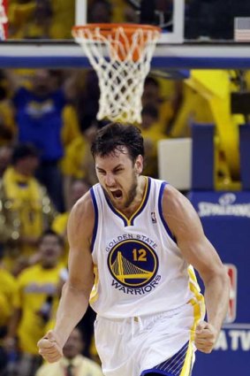 C'mon: Andrew Bogut is fired up for Golden State Warriors.