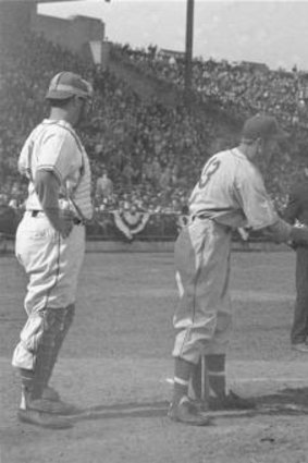 Lasting memory: George Shuba (left) congratulates Jackie Robinson after his home run in April, 1946.