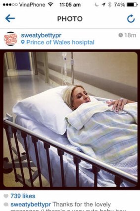 In touch: Roxy Jacenko leaving the delivery room after the birth of Hunter Curtis, from her Instagram feed.