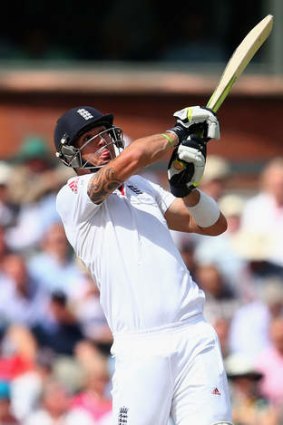 Never on the back foot: Kevin Pietersen plays the cross-bat shots rocking forward.