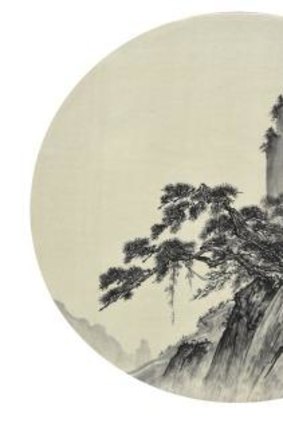 <i>Circular Fan III</i>, 2009-10, part of the <i>Cola Project – Antique Series</i>, ink and Coca-Cola on silk, by He Xiangyu,? is an imitation of a Song dynasty landscape.