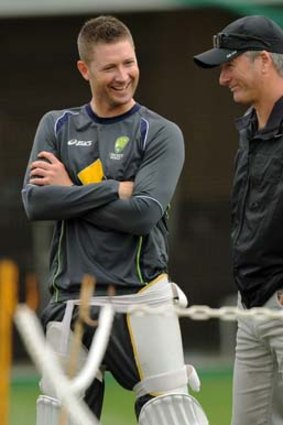 Michael Clarke speaks to former captain Steve Waugh during a nets session at the SCG on Wednesday.
