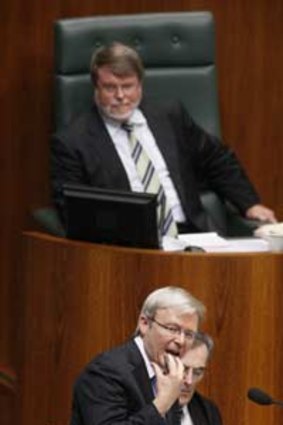 Whistling up the troops...Kevin Rudd on the prowl in question time.