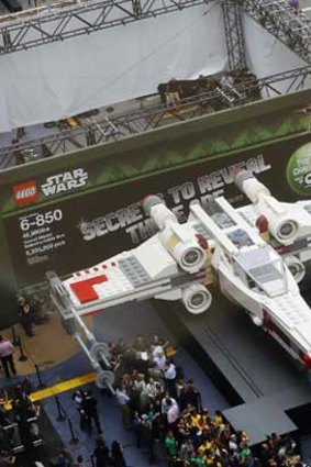 The world's largest Lego modelled after the Star Wars X-wing starfighter is seen at Times Square after being unveiled in New York.