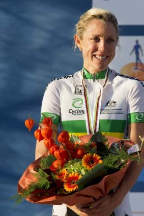 Rachel Neylan on the podium at the World Road Cycling Championships.