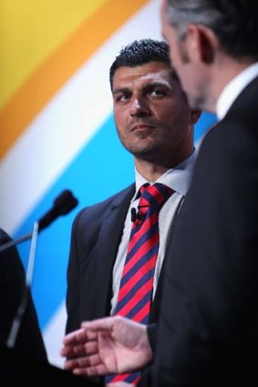 Melbourne Heart coach John Aloisi speaks during the Asian Cup draw yesterday.