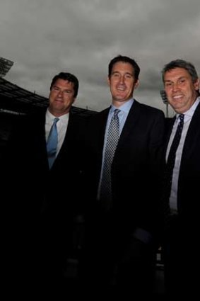Hamish McLennan, James Sutherland and David Gyngell at the announcement of the cricket TV rights deal on Tuesday.