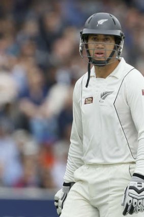 New Zealand's Ross Taylor leaves the pitch after being bowled by England's Stuart Broad.