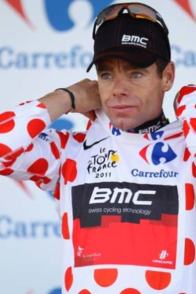 Cadel Evans in the King of the Mountains jersey.