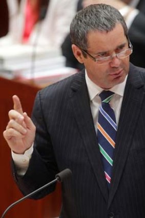 Leader of the Government in the Senate, Senator Stephen Conroy, during Question Time in the Senate, at Parliament House in Canberra on Monday 25 February 2013.Photo: Alex Ellinghausen