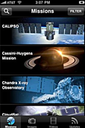 Missions home screen ... shows all current NASA missions.