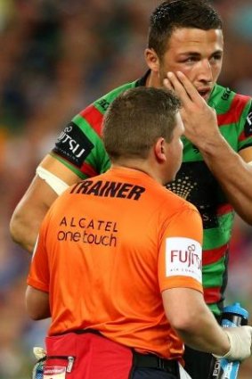 Clive Churchill medalist Sam Burgess was on the receiving end of some brutal challenges.