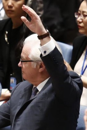 Pivotal moment: Russian ambassador to the UN Vitaly Churkin votes to support the UN Security Council's resolution demanding unfettered access to the MH17 crash site.