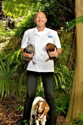 Matt Moran with goat and chickens promoting the upcoming TEDx lunch at the Sydney Opera House.