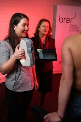 Phd student Celeste Coltman testing a participant's bra size as Dr Deirdre McGhee, Senior Lecturer Faculty of Science, Medicine and Health a the University of Wollongong, looks on.