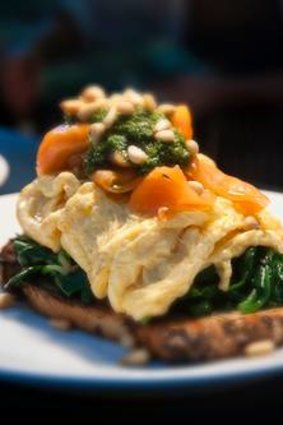 Bruschetta with salmon and eggs.