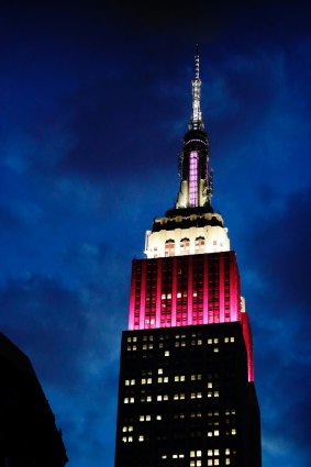 The Empire State Building is lit up in burgundy and white for Qatar Airways on June 27, to mark its 10th anniversary of flying to the US. 