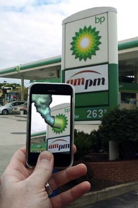 Layered look ... an augmented reality app adds a toxic plume to the BP logo.