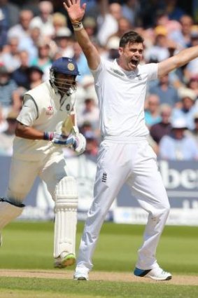 James Anderson celebrates the wicket of Murali Vijay.