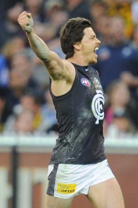 High point: Nick Duigan celebrates his fourth goal against Richmond in an elimination final this year.