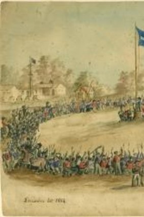 Eureka moment: Charles Doudiet's <i>Swearing allegiance to the Southern Cross</i>, 1854. Watercolour, pen and ink on paper 16.7 x 23.2 cm Collection: Art Gallery of Ballarat.  Purchased by the Ballarat Fine Art Gallery with the assistance of many donors, 1996.