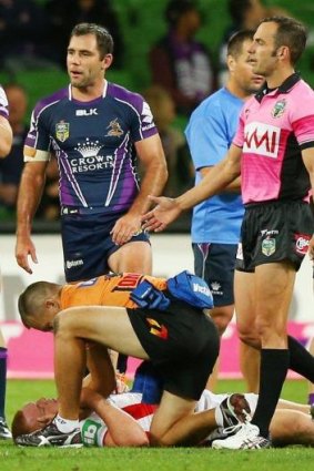 Newcastle's Alex McKinnon on the ground after the incident.