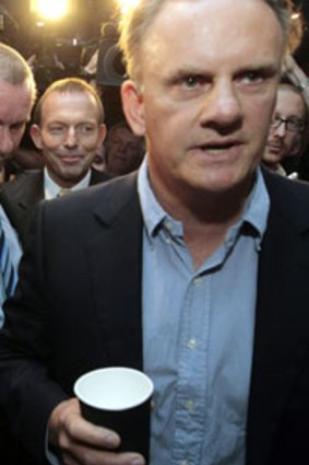 Follow the former leader. Mark Latham and Tony Abbott post-encounter.