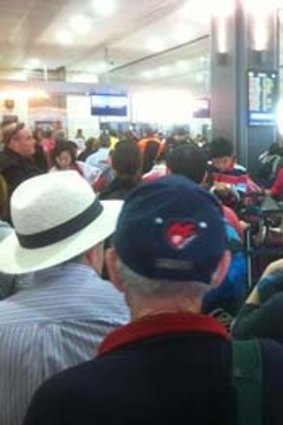 Delayed Virgin Australia passengers at Melbourne Airport.