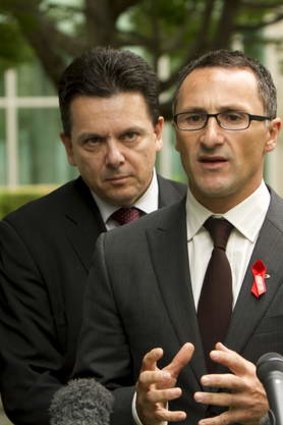 Greens senator Richard Di Natale (right) with independent senator Nick Xenophon.
