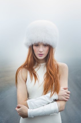 A model wears a hat from Linda Black Vintage Furs.