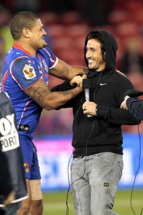 Fun and games &#8230; Mason jokes with Andrew Johns.