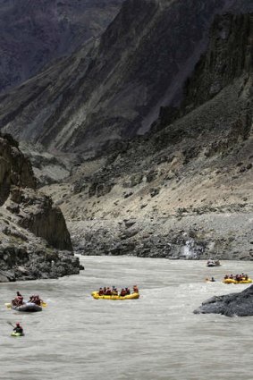 Rafting on the Indus River towards Thikse Monastery.