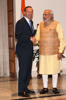 Prime Minister Tony Abbott with Indian Prime Minister Narendra Modi.